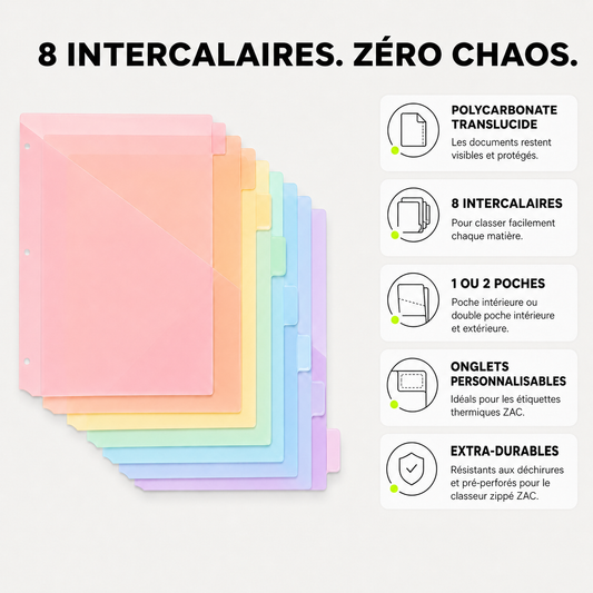Maxi intercalaires A4 à pochettes ZAC – Lot de 8
