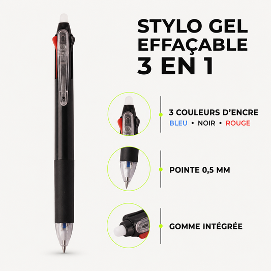 Stylo gel effaçable 3 couleurs ZAC – Bleu, noir et rouge