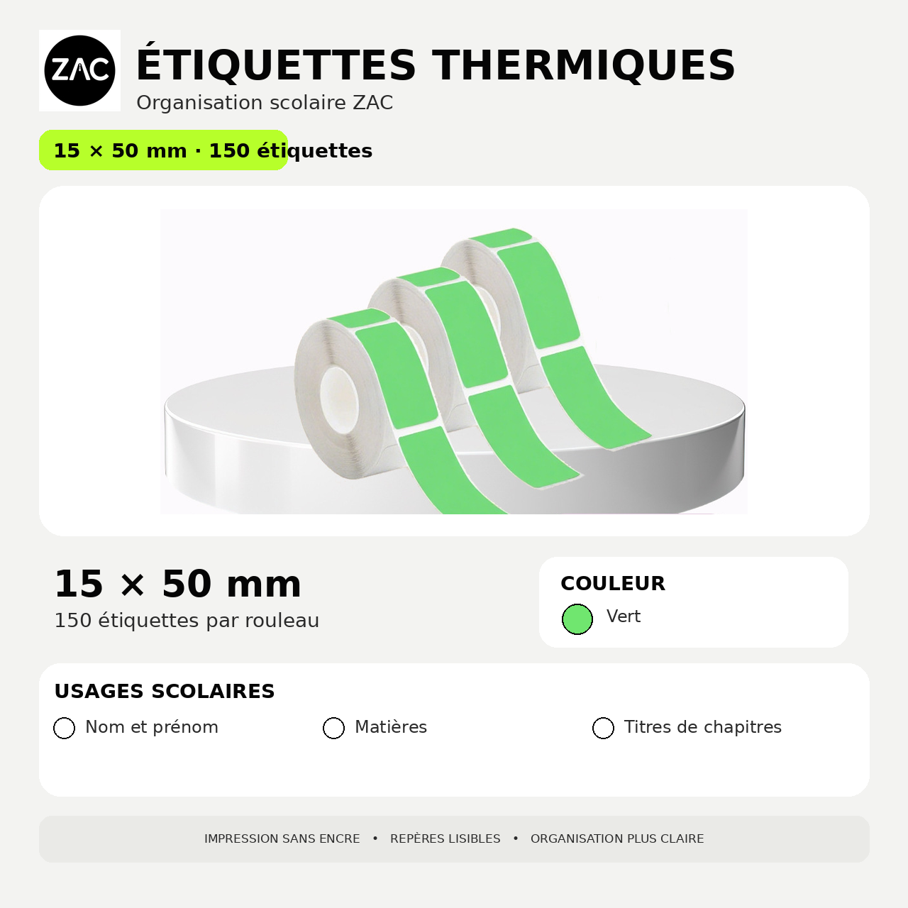 Rouleau d’étiquettes thermiques autocollantes ZAC – Plusieurs formats et couleurs