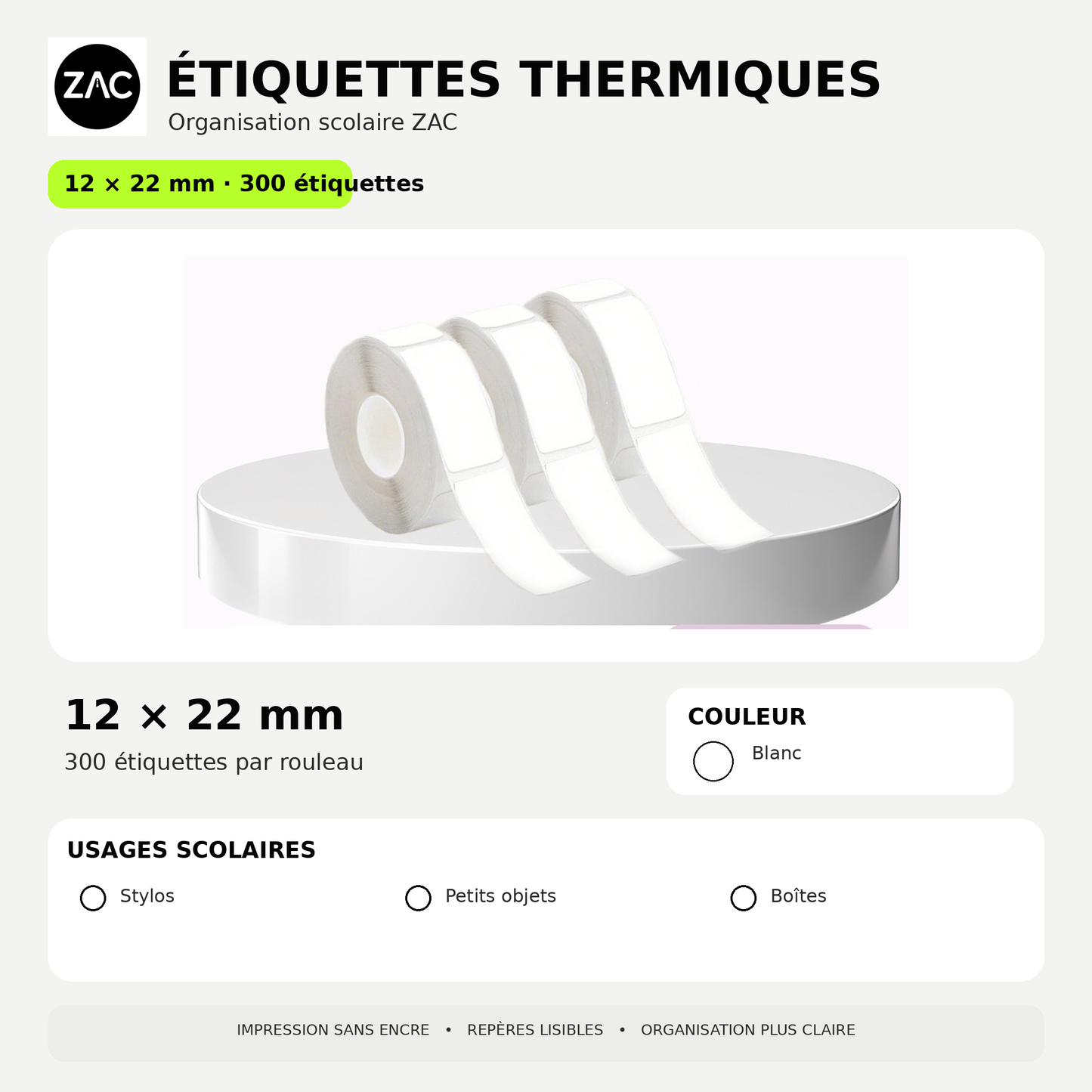 Rouleau d’étiquettes thermiques autocollantes ZAC – Plusieurs formats et couleurs