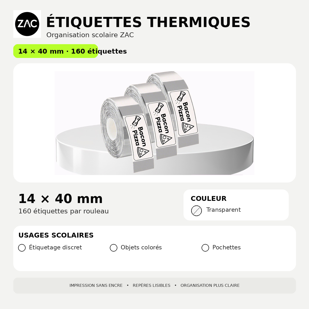Rouleau d’étiquettes thermiques autocollantes ZAC – Plusieurs formats et couleurs