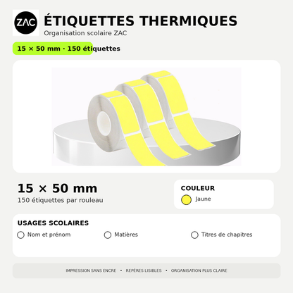 Rouleau d’étiquettes thermiques autocollantes ZAC – Plusieurs formats et couleurs