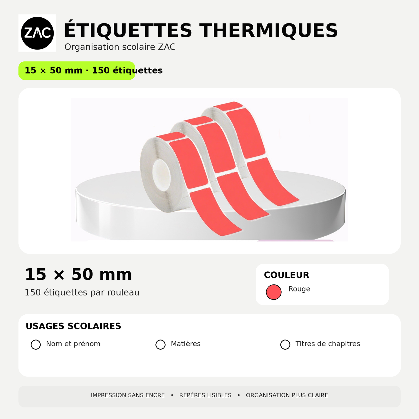 Rouleau d’étiquettes thermiques autocollantes ZAC – Plusieurs formats et couleurs