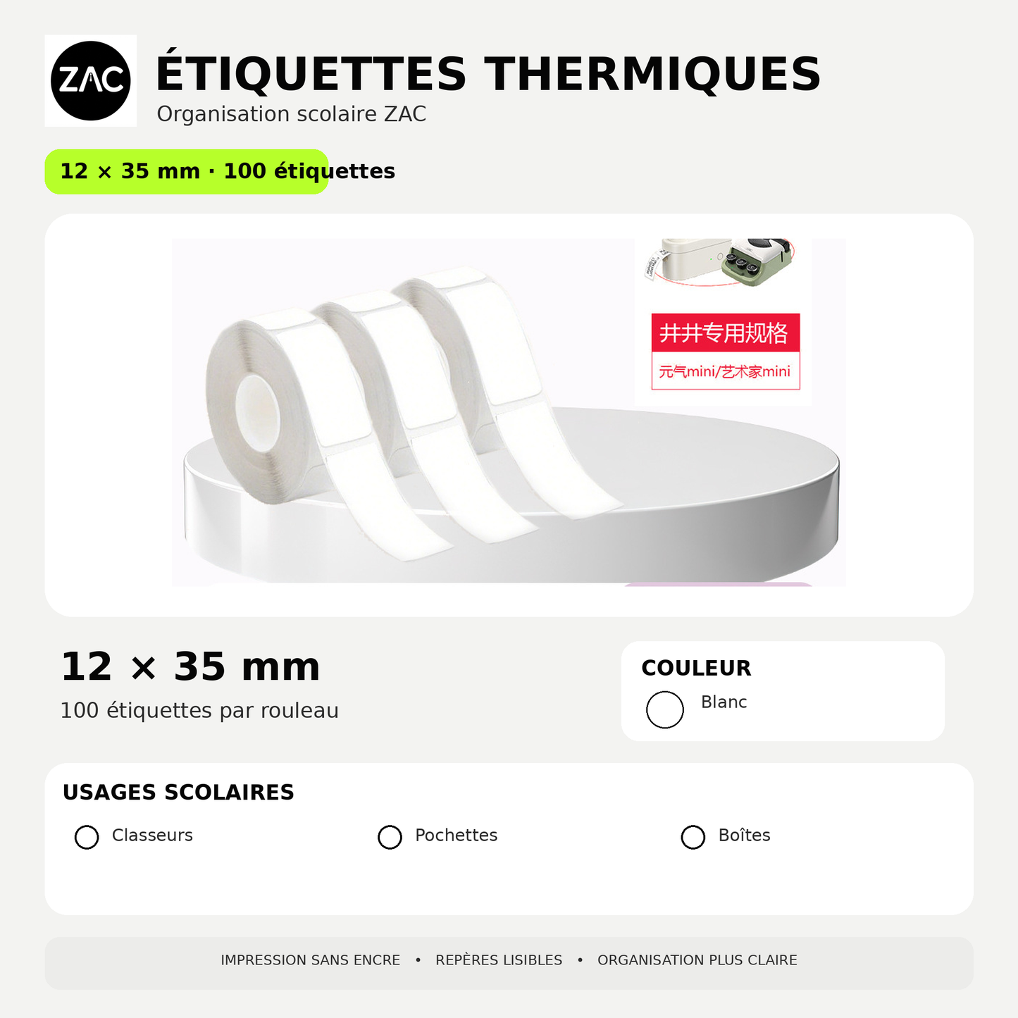 Rouleau d’étiquettes thermiques autocollantes ZAC – Plusieurs formats et couleurs