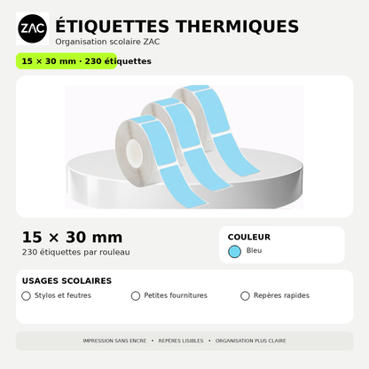 Rouleau d’étiquettes thermiques autocollantes ZAC – Plusieurs formats et couleurs
