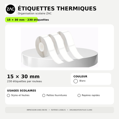 Rouleau d’étiquettes thermiques autocollantes ZAC – Plusieurs formats et couleurs
