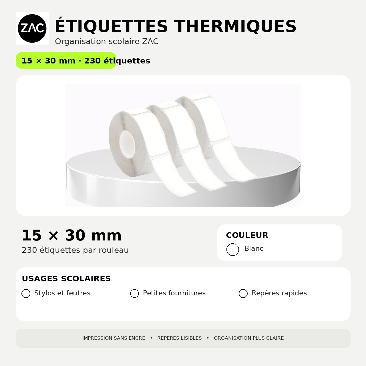 Rouleau d’étiquettes thermiques autocollantes ZAC – Plusieurs formats et couleurs