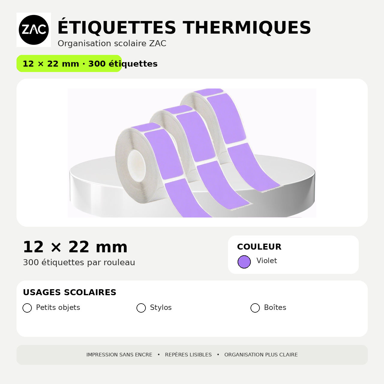 Rouleau d’étiquettes thermiques autocollantes ZAC – Plusieurs formats et couleurs