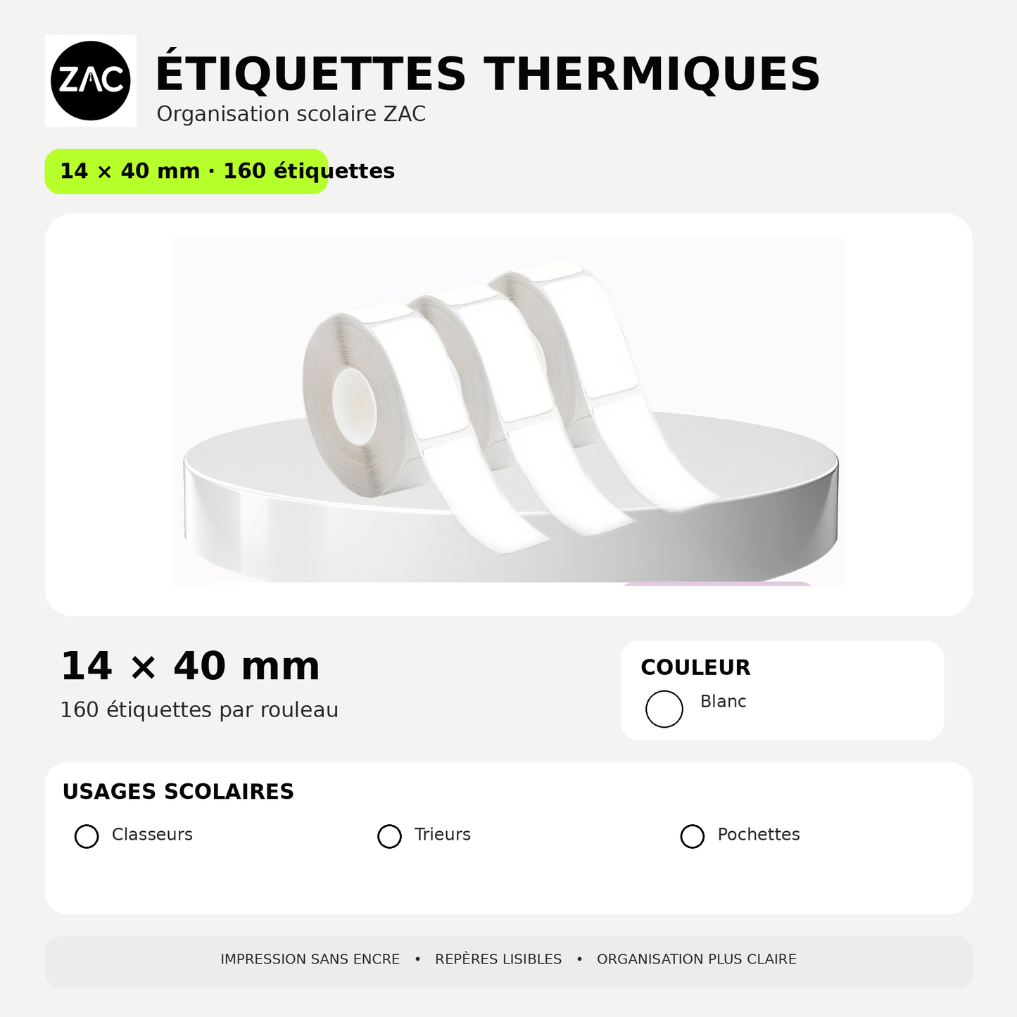 Rouleau d’étiquettes thermiques autocollantes ZAC – Plusieurs formats et couleurs