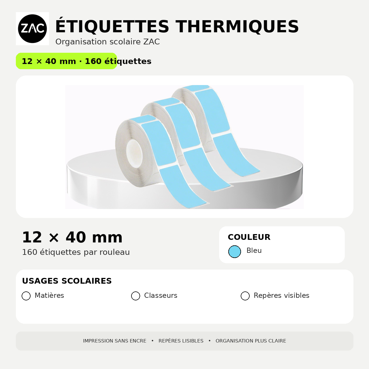Rouleau d’étiquettes thermiques autocollantes ZAC – Plusieurs formats et couleurs