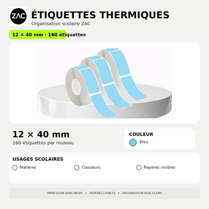 Rouleau d’étiquettes thermiques autocollantes ZAC – Plusieurs formats et couleurs