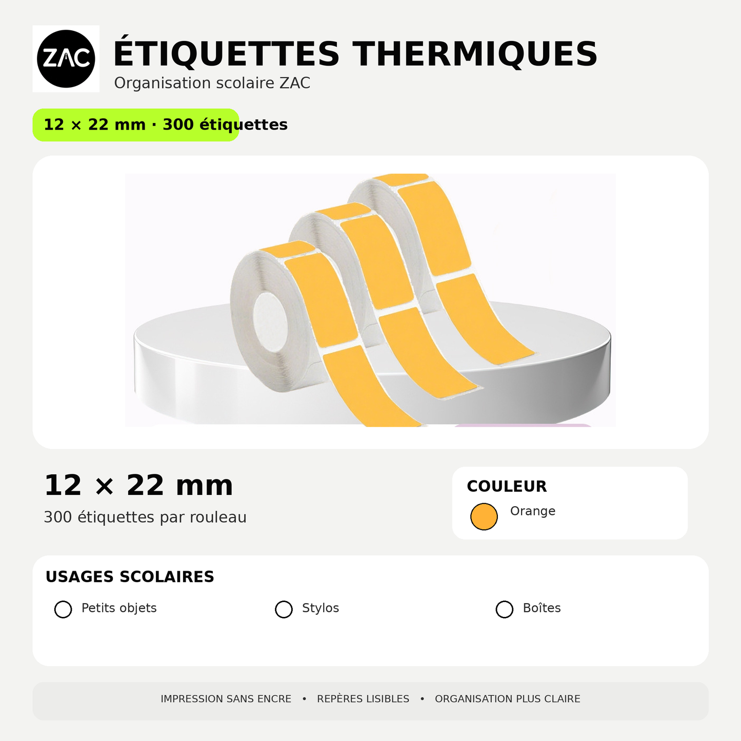 Rouleau d’étiquettes thermiques autocollantes ZAC – Plusieurs formats et couleurs