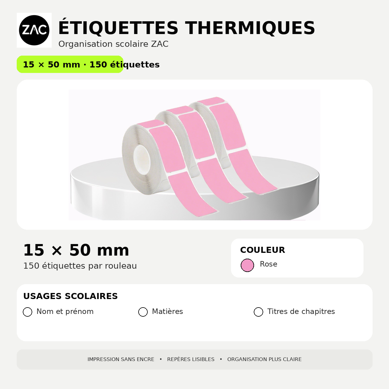 Rouleau d’étiquettes thermiques autocollantes ZAC – Plusieurs formats et couleurs