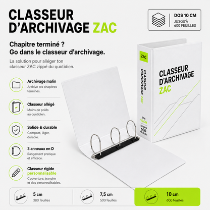 Classeur d’archivage rigide A4 personnalisable ZAC – 3 anneaux