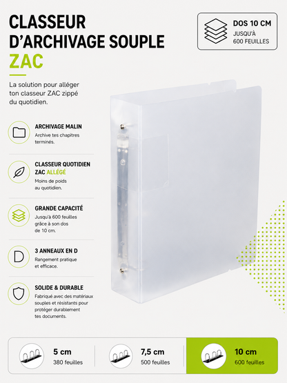Classeur d’archivage souple translucide A4 ZAC – 3 anneaux