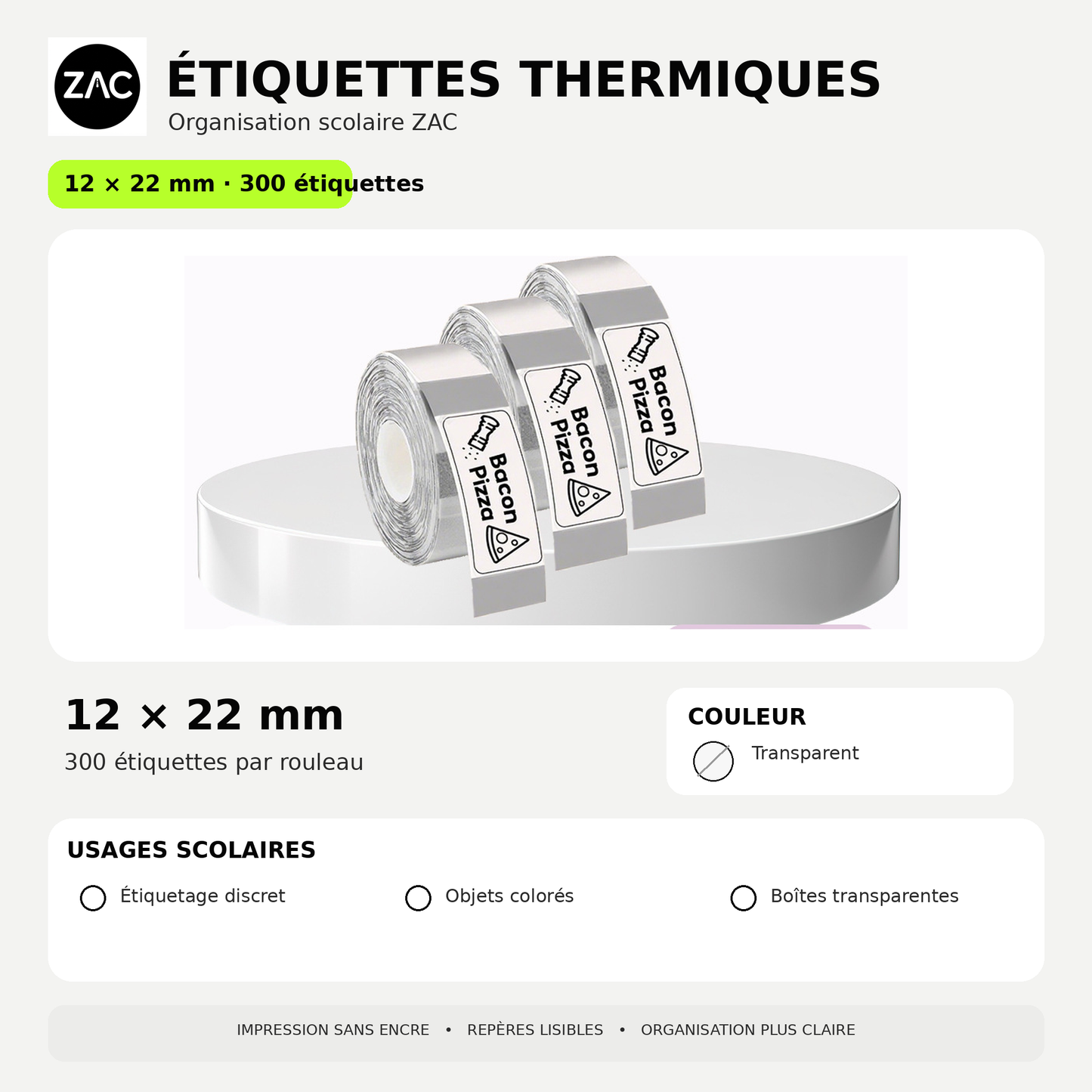 Rouleau d’étiquettes thermiques autocollantes ZAC – Plusieurs formats et couleurs