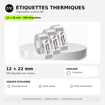 Rouleau d’étiquettes thermiques autocollantes ZAC – Plusieurs formats et couleurs