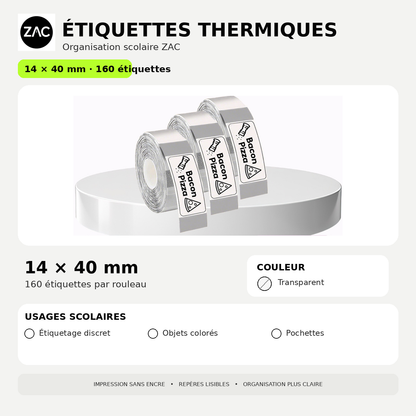 Rouleau d’étiquettes thermiques autocollantes ZAC – Plusieurs formats et couleurs