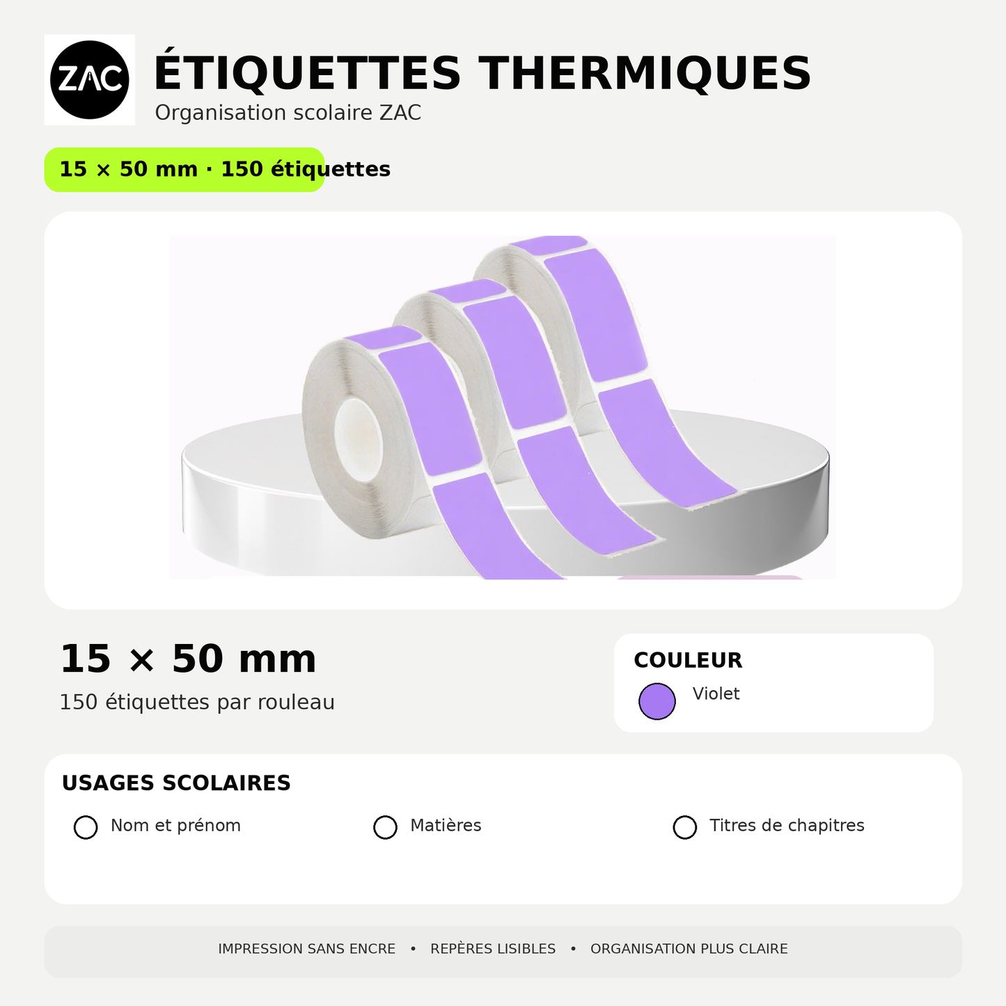Rouleau d’étiquettes thermiques autocollantes ZAC – Plusieurs formats et couleurs