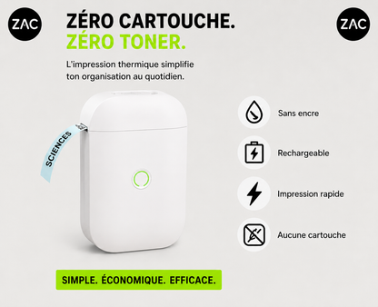 Imprimante d’étiquettes thermique portable ZAC – Bluetooth et sans encre