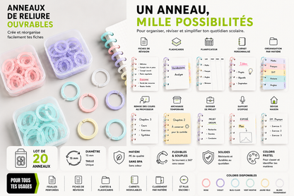 Lot de 20 anneaux de reliure ouvrables ZAC – 6 couleurs pastel