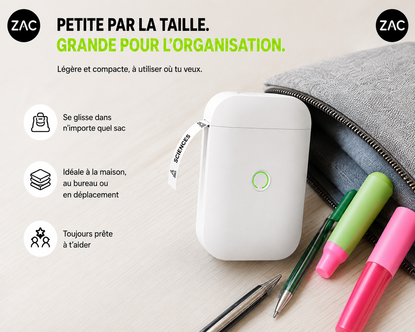 Imprimante d’étiquettes thermique portable ZAC – Bluetooth et sans encre