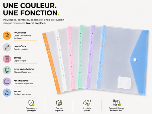 Pochette de classement A4 ZAC – Fermeture pression ou velcro