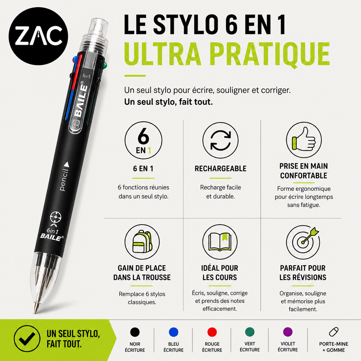 Stylo multifonction 6-en-1 ZAC – 5 couleurs et porte-mine 0,7 mm