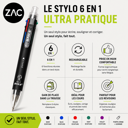 Stylo multifonction 6-en-1 ZAC – 5 couleurs et porte-mine 0,7 mm