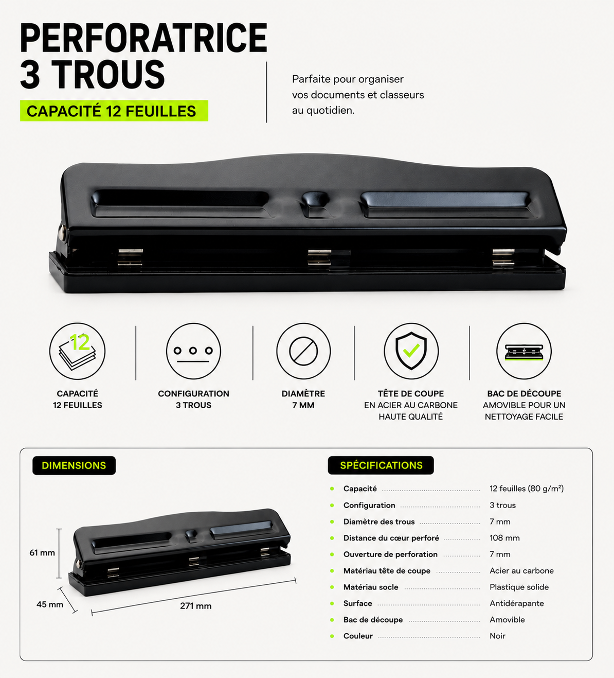 Perforatrice 3 trous ZAC – Anti-feuilles volantes