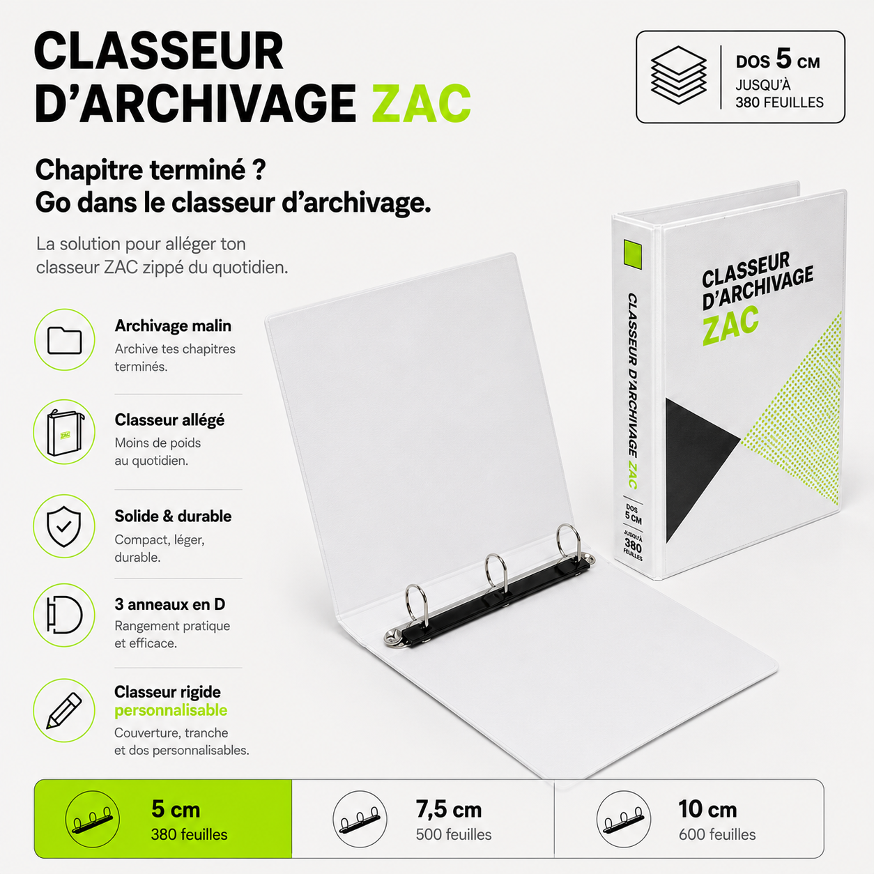 Classeur d’archivage rigide A4 personnalisable ZAC – 3 anneaux
