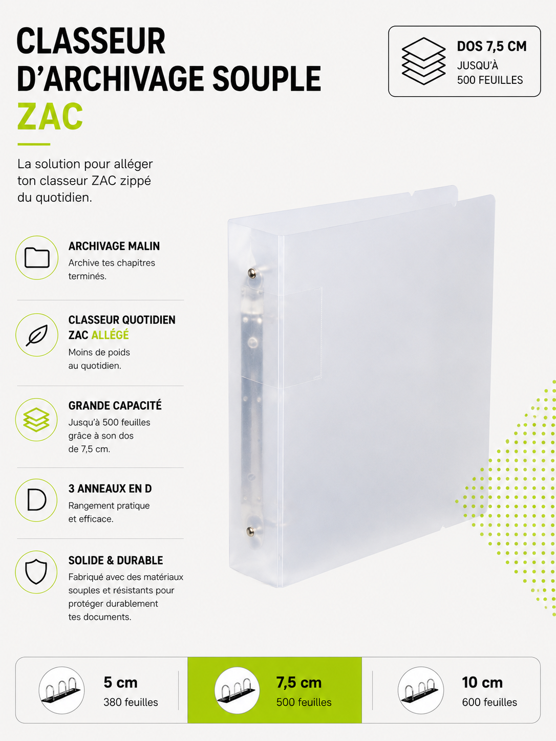 Classeur d’archivage souple translucide A4 ZAC – 3 anneaux