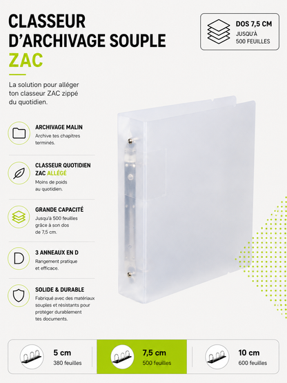 Classeur d’archivage souple translucide A4 ZAC – 3 anneaux