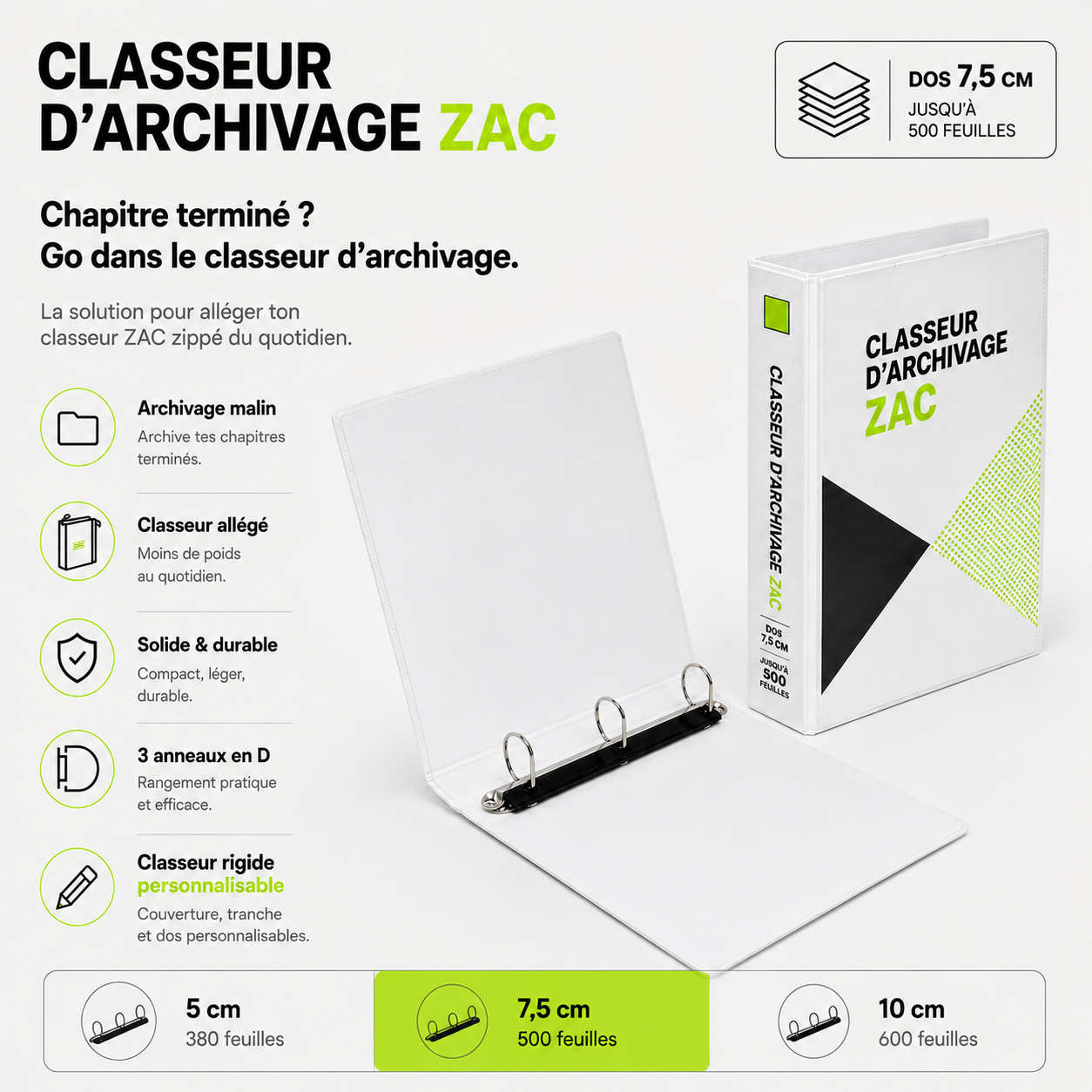 Classeur d’archivage rigide A4 personnalisable ZAC – 3 anneaux