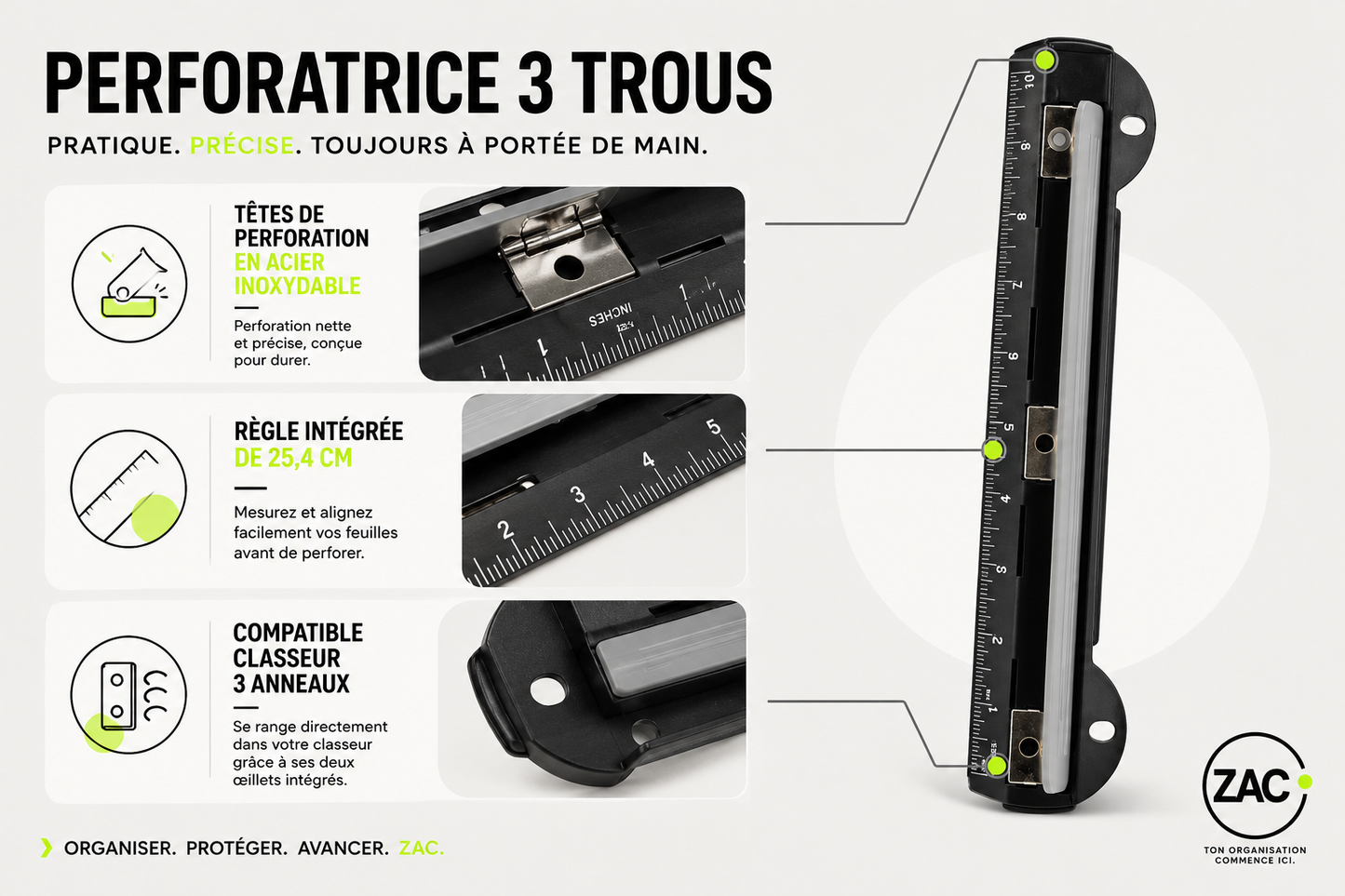 Perforatrice nomade pour classeur 3 trous - 2 en 1 perforeuse / règle