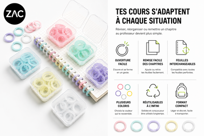 Lot de 20 anneaux de reliure ouvrables ZAC – 6 couleurs pastel