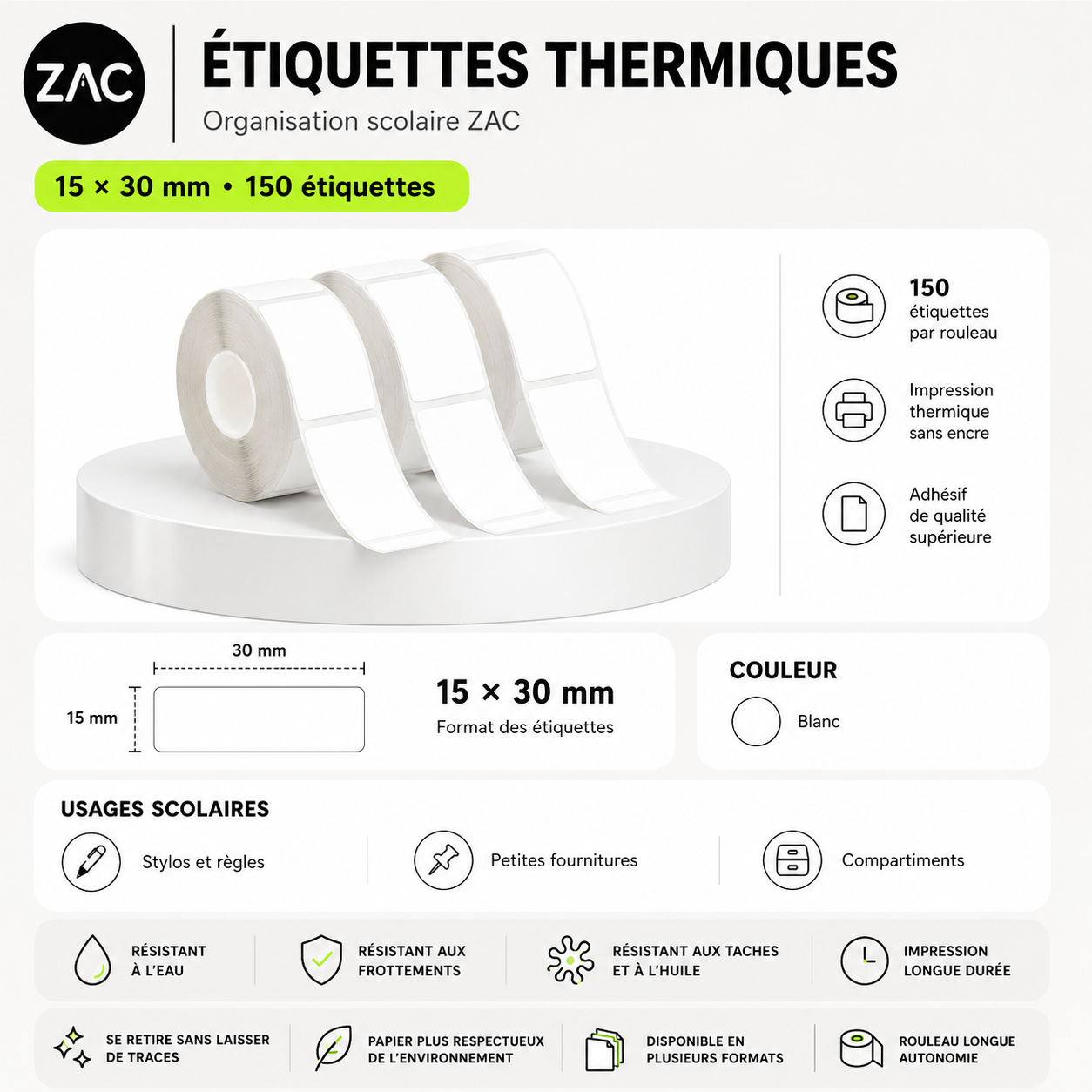 Rouleau d’étiquettes thermiques autocollantes ZAC – Plusieurs formats et couleurs