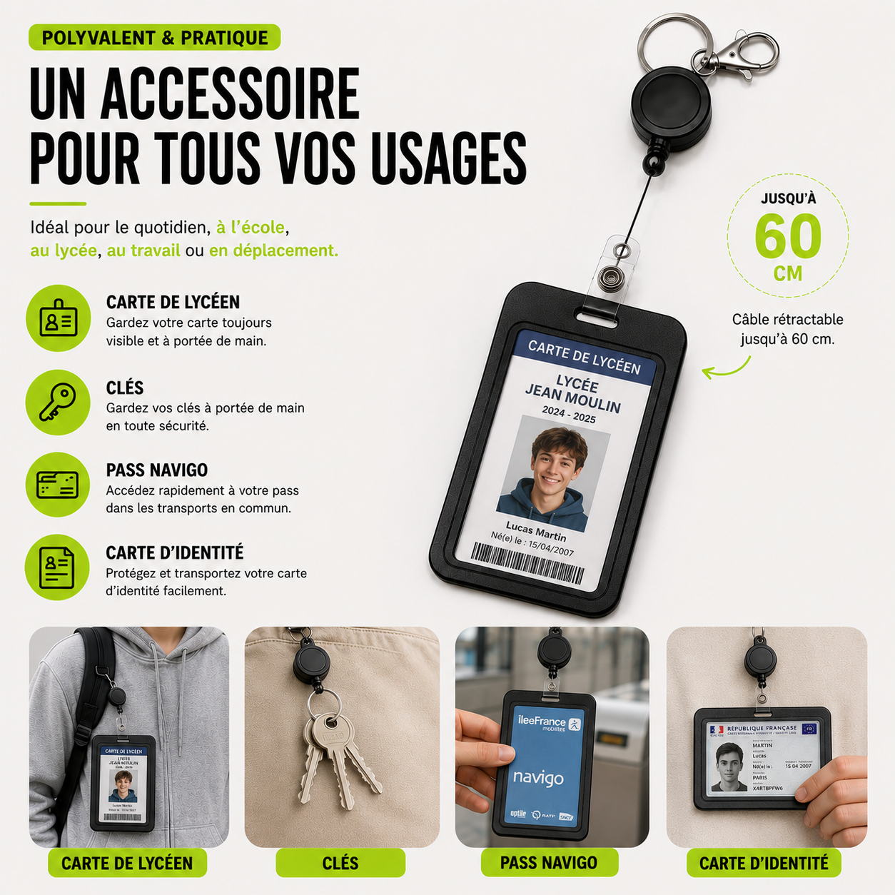 Porte-carte étudiant ZAC avec enrouleur rétractable et mousqueton