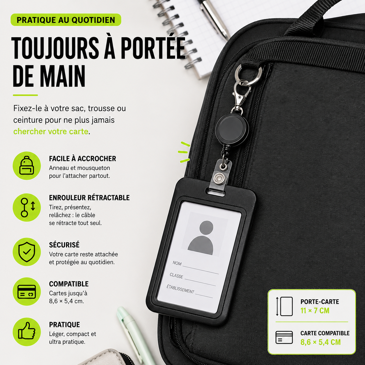 Porte-carte étudiant ZAC avec enrouleur rétractable et mousqueton