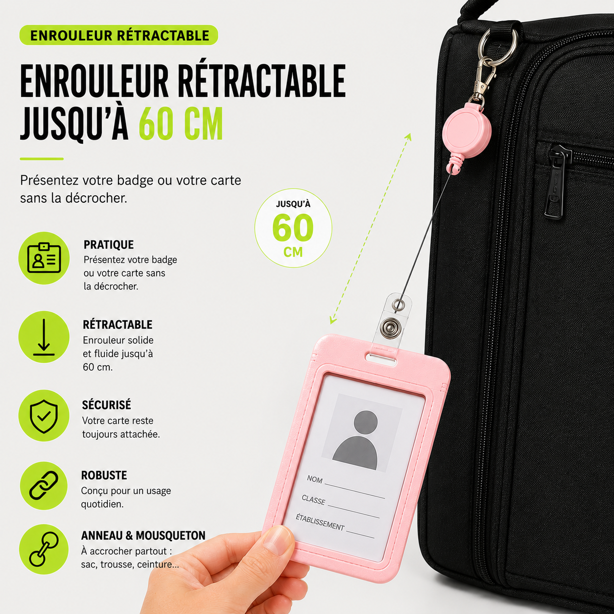 Porte-carte étudiant ZAC avec enrouleur rétractable et mousqueton