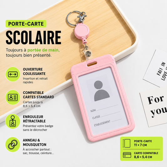 Porte-carte étudiant ZAC avec enrouleur rétractable et mousqueton