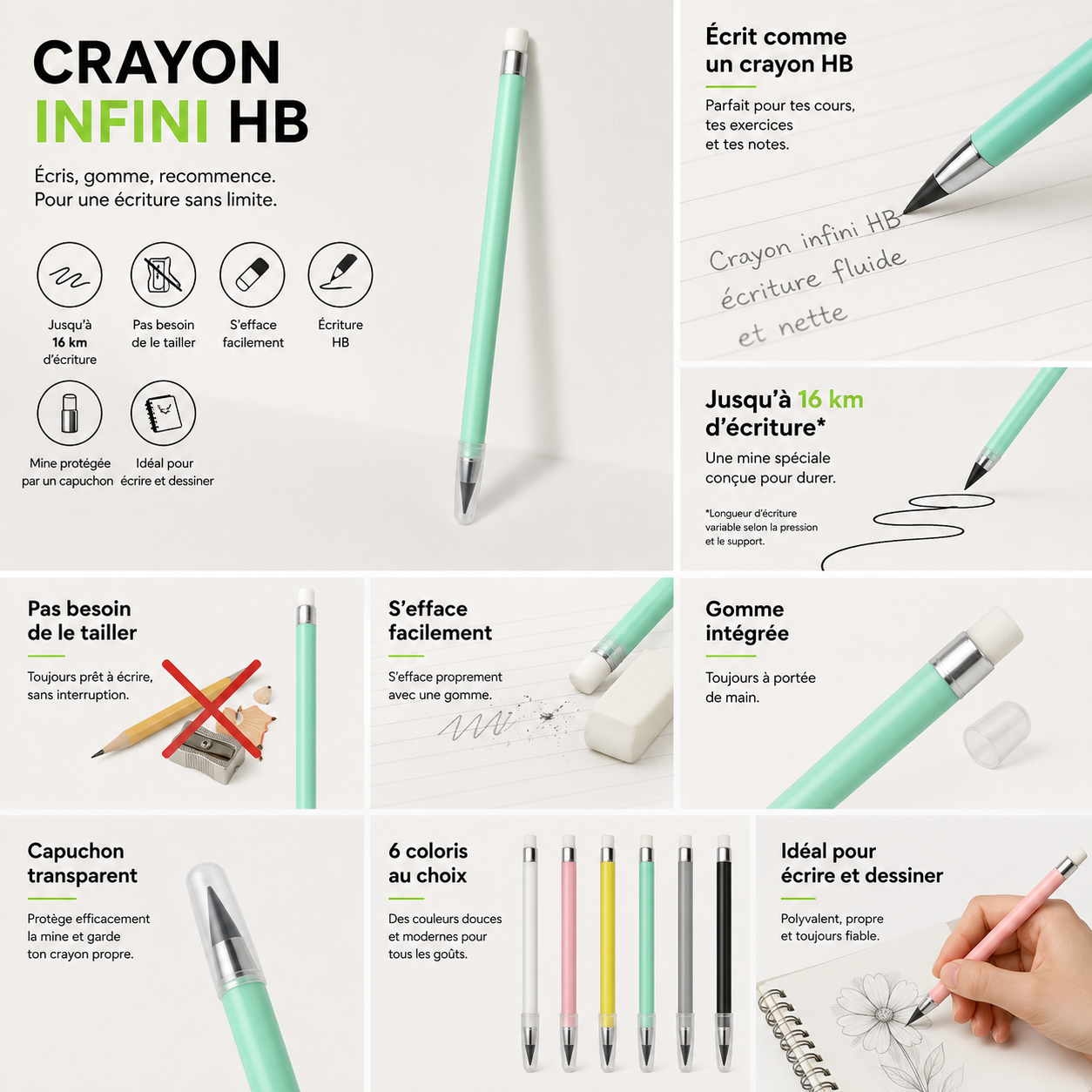 Crayon infini HB ZAC avec gomme – Jusqu’à 16 km d’écriture