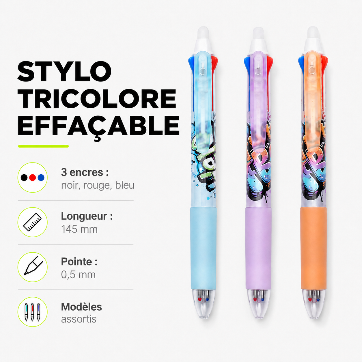 Stylo gel effaçable 3 couleurs ZAC – Street Art – Bleu, noir et rouge