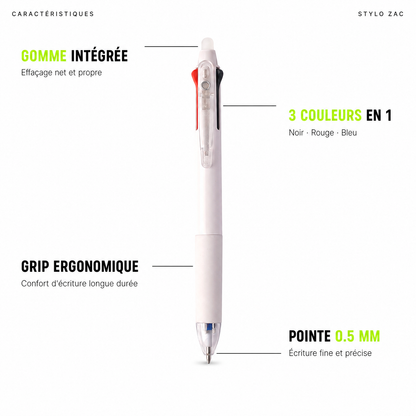 Stylo gel effaçable 3 couleurs ZAC – Bleu, noir et rouge