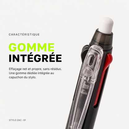 Stylo gel effaçable 3 couleurs ZAC – Bleu, noir et rouge