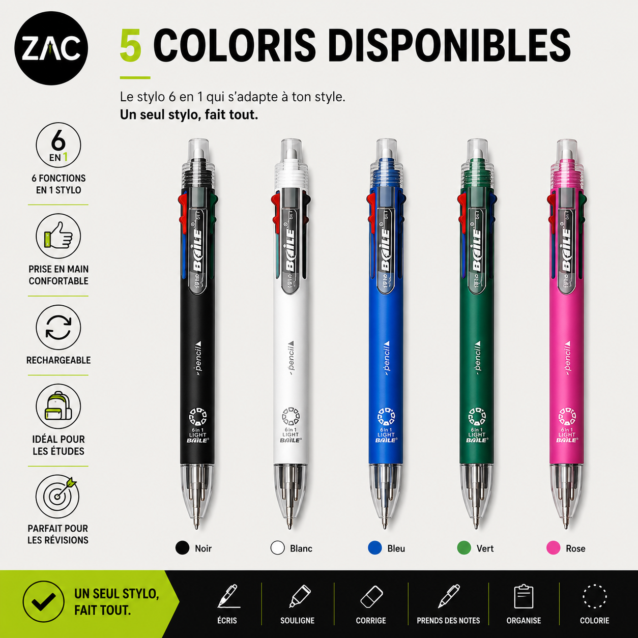 Stylo multifonction 6-en-1 ZAC – 5 couleurs et porte-mine 0,7 mm