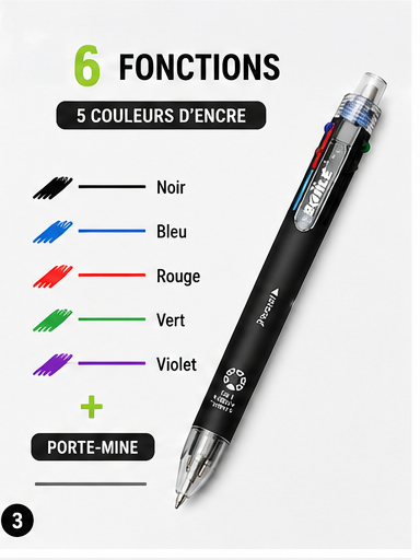 Stylo multifonction 6-en-1 ZAC – 5 couleurs et porte-mine 0,7 mm