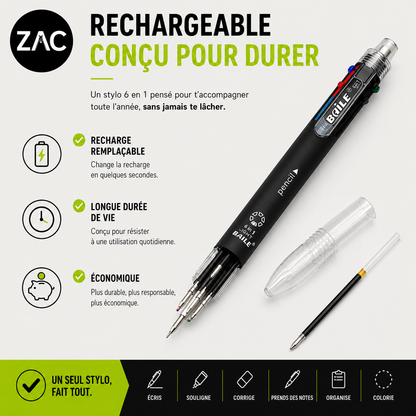 Stylo multifonction 6-en-1 ZAC – 5 couleurs et porte-mine 0,7 mm
