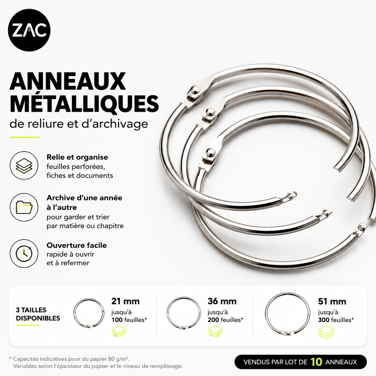 Lot de 10 anneaux métalliques ouvrables ZAC – Reliure et archivage