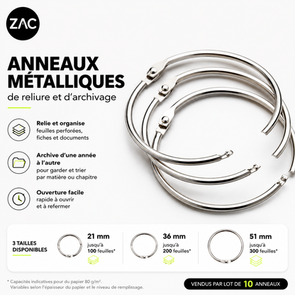 Lot de 10 anneaux métalliques ouvrables ZAC – Reliure et archivage